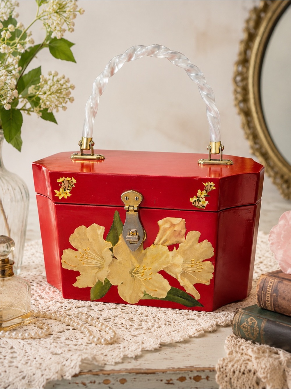 Handmade Vintage Red Wooden Purse Floral Lucite Handle Estate Sale, Jewelry Box
